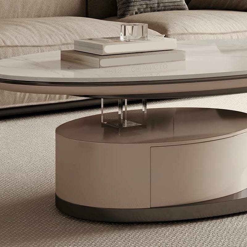 Luxurious Oval Stone Cocktail Table in White with Storage Drawer - image 10