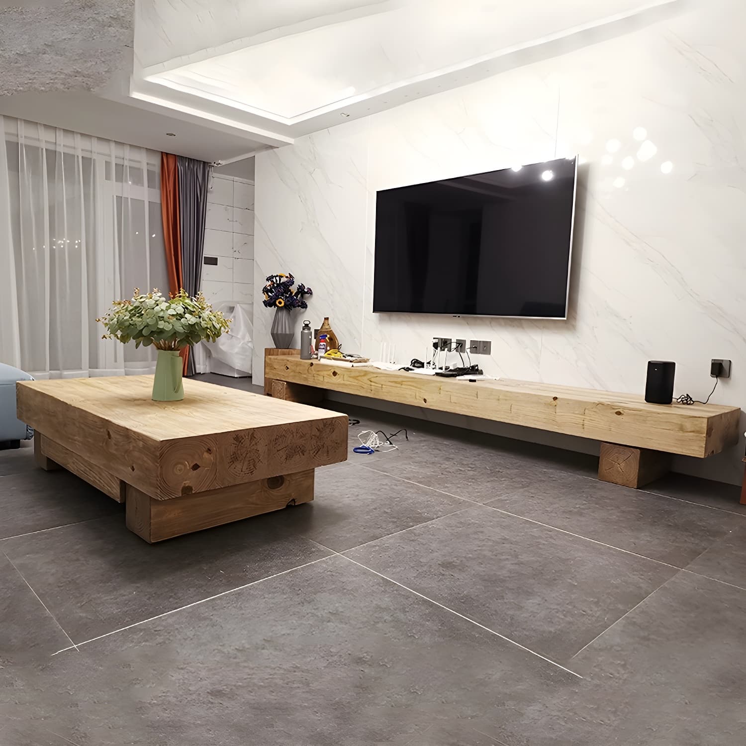 Scandinavian Natural TV Stand Console in Pine Wood - 15.7" H - image 3