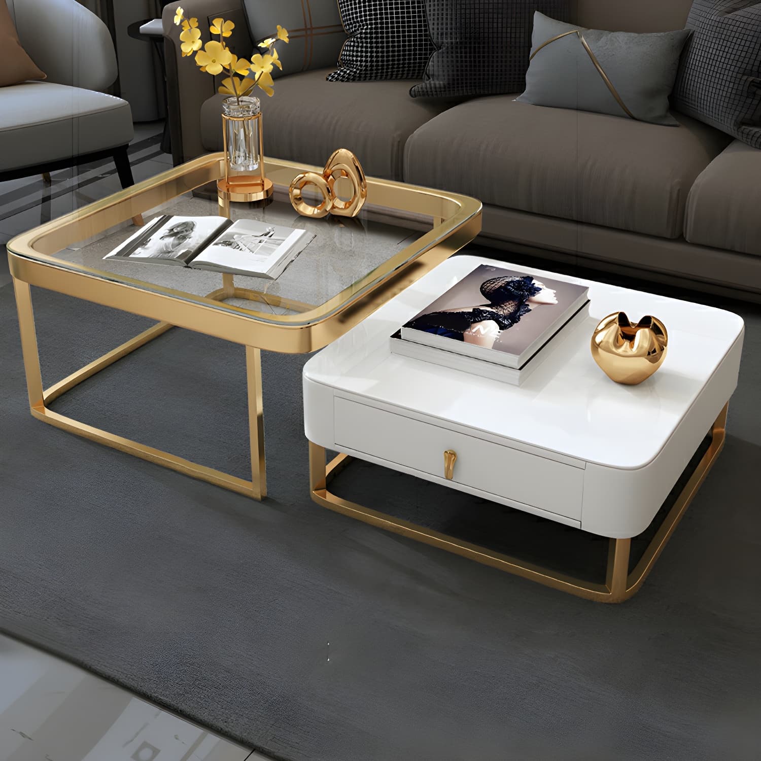 Glam Style Square Coffee Table with Drawer in Metal Frame Base - image 7