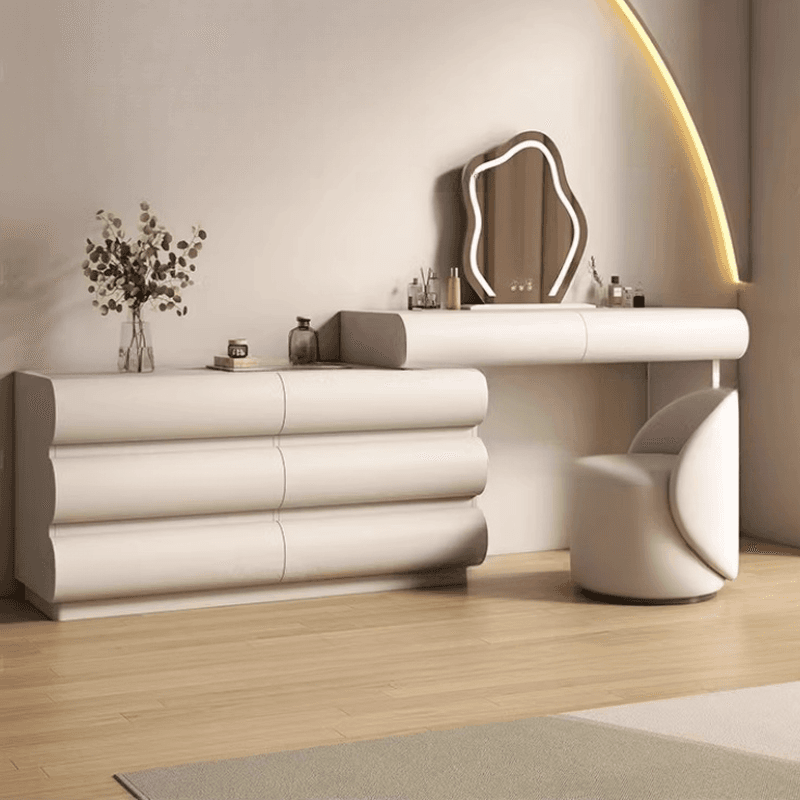 Large Vanity Set with Natural Wood Table Top, White Chair, 8 Drawers, Mirror Lights, and Scalable Design