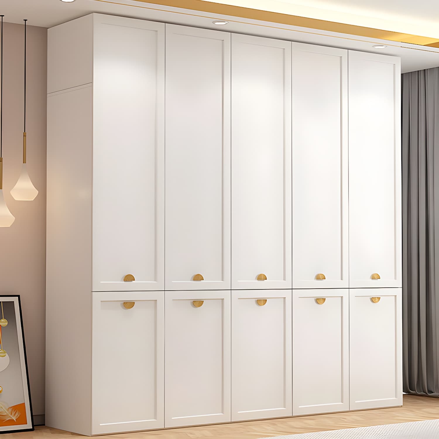 Modern Solid Color Shelves Hinged Doors Cloth Rod Included Cabinet in Beige