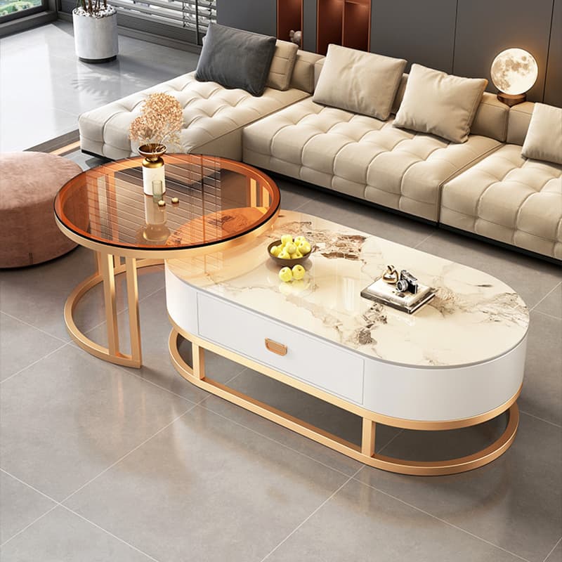 Set of 2 Modern Nesting Stone Coffee Tables with Metal Frame and Drawers - image 6