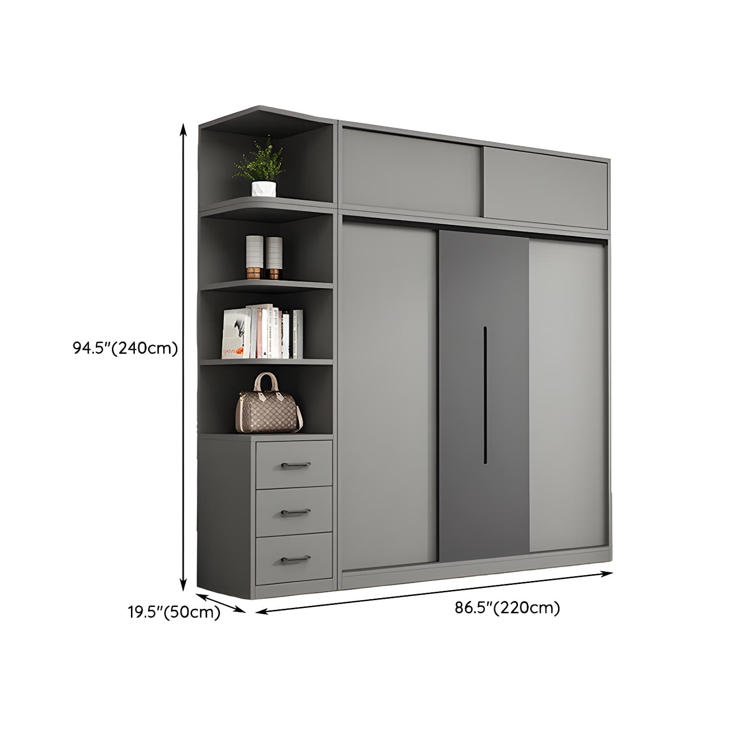 Contemporary Wood Grey Cloth Rod Included Wardrobe with Shelves - image 31