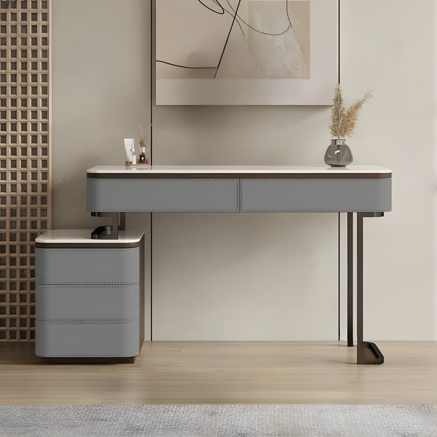 Modern Wood Vanity with Stone Top & 5 Drawers & Jewelry Storage & Assembly Required