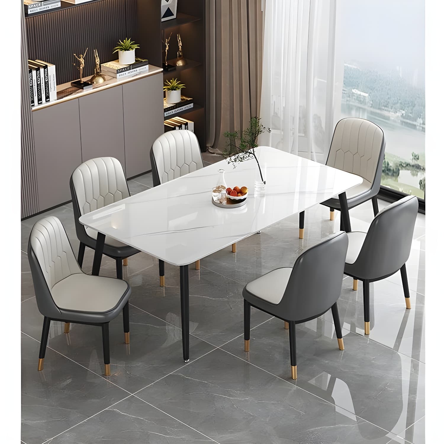 Rectangular White Stone Top Dining Set with Upholstered Chairs - image 3