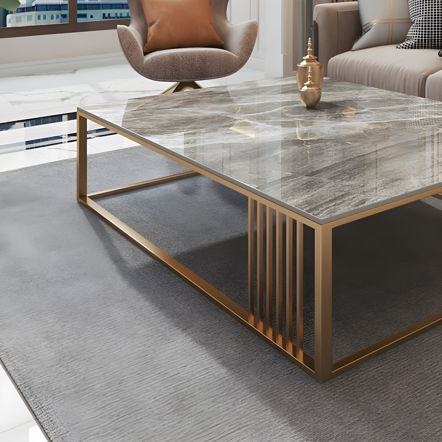 Glam Style Gold Iron Frame Coffee Table Gray Slate Table Top Coffee - image 6