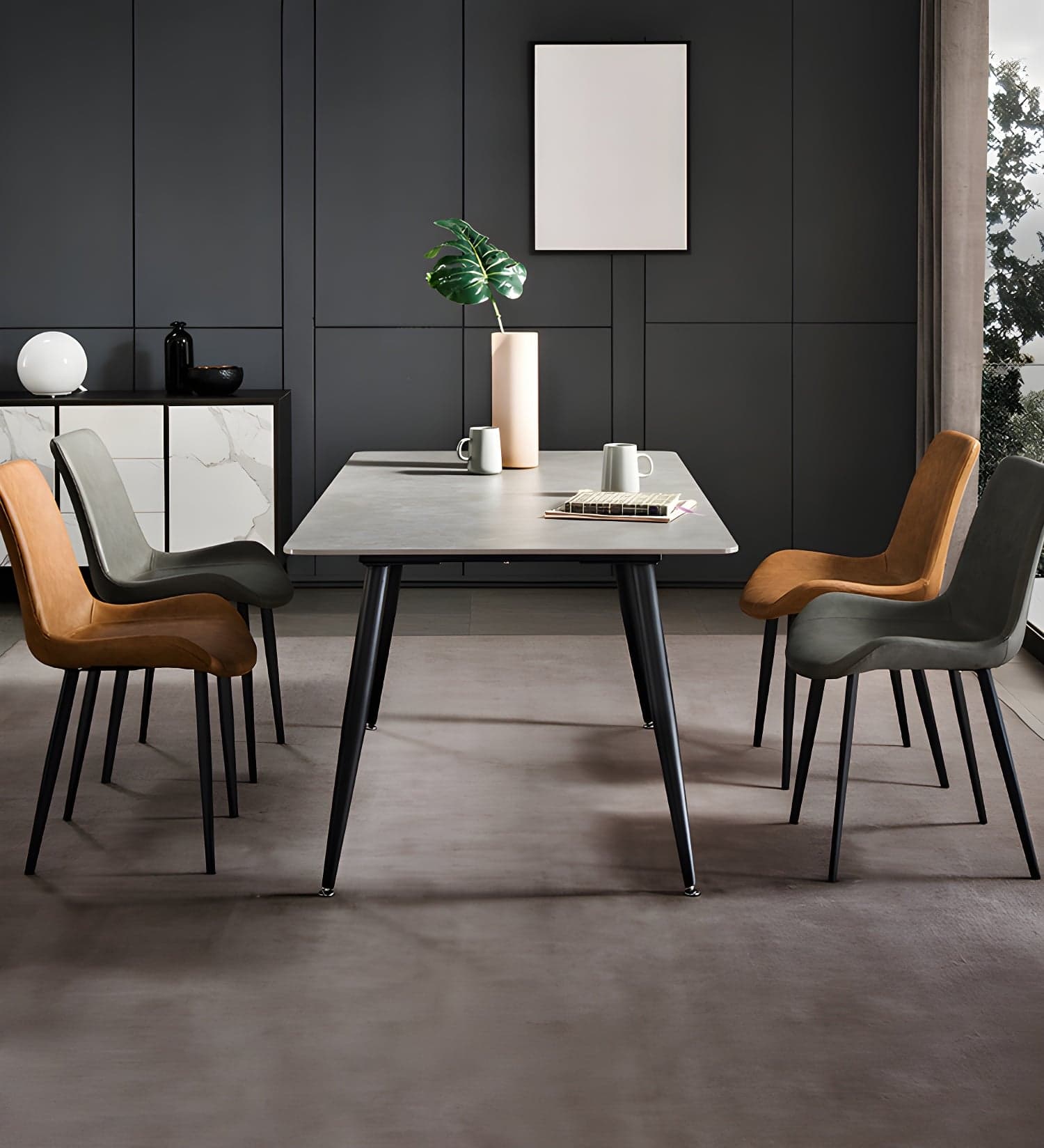 Sleek Rectangle Stone Dining Table with Black Steel Legs, Scratch Resistant