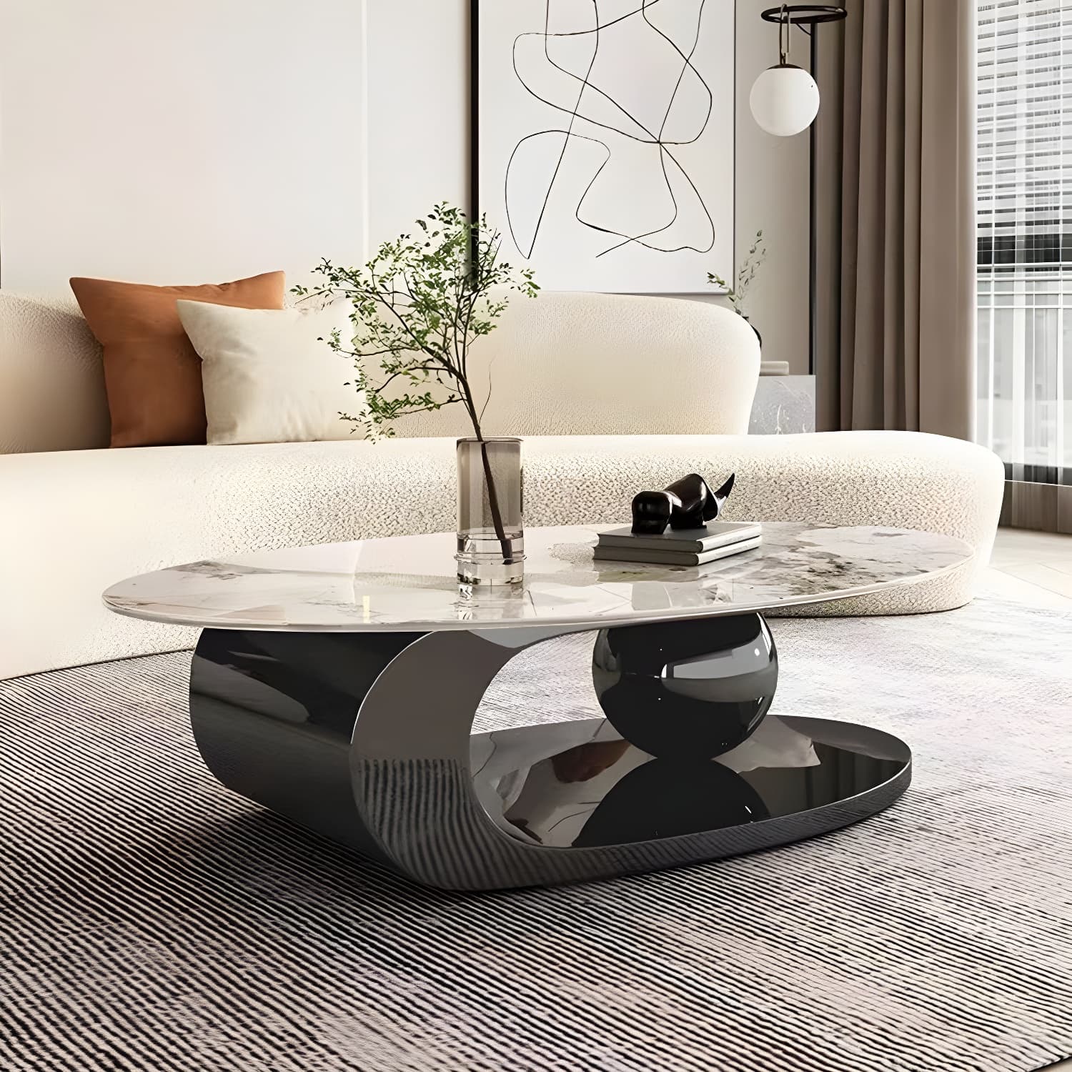 Glam Stone Coffee Table - Beige Oval Shape with Abstract Stainless Steel Base and Scratch Resistant - image 5