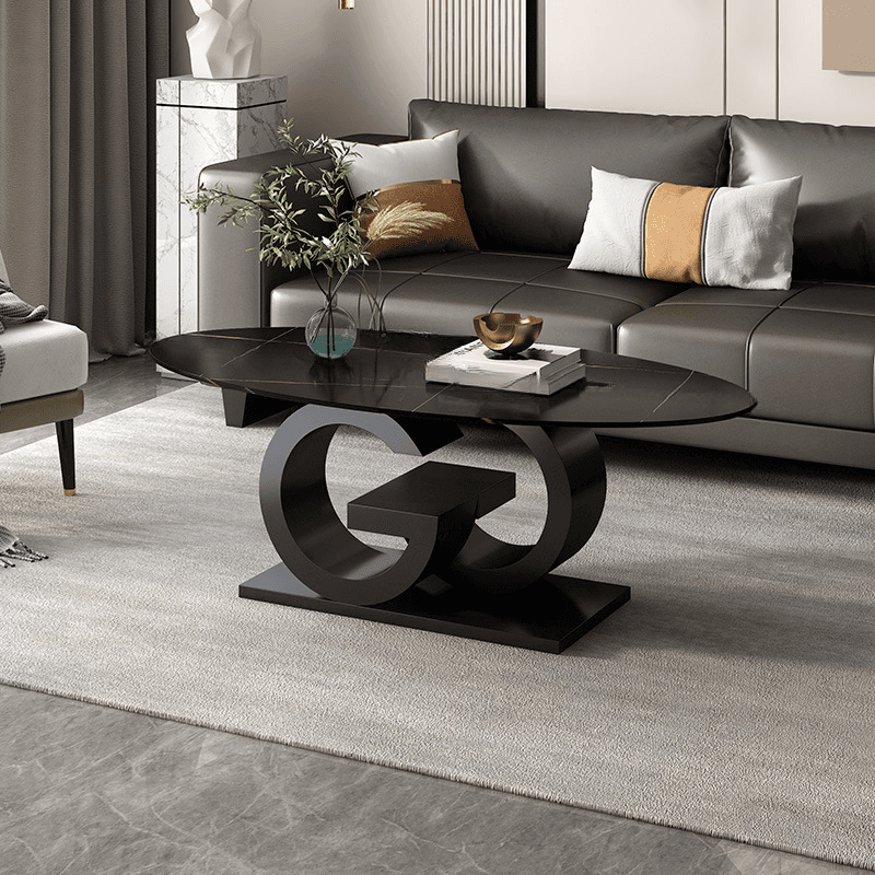 Contemporary Design Single Slate Oval Coffee Table with Abstract Base in Midnight Black/Gray/Chalk