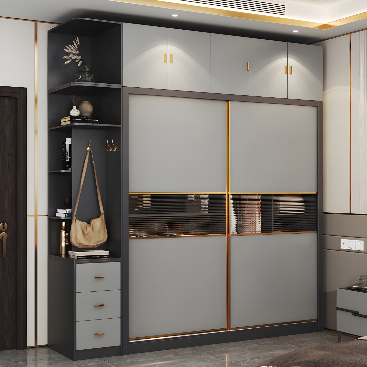 Modern Wood Freestanding Wardrobe Soft Close Drawer and Doors Wardrobe