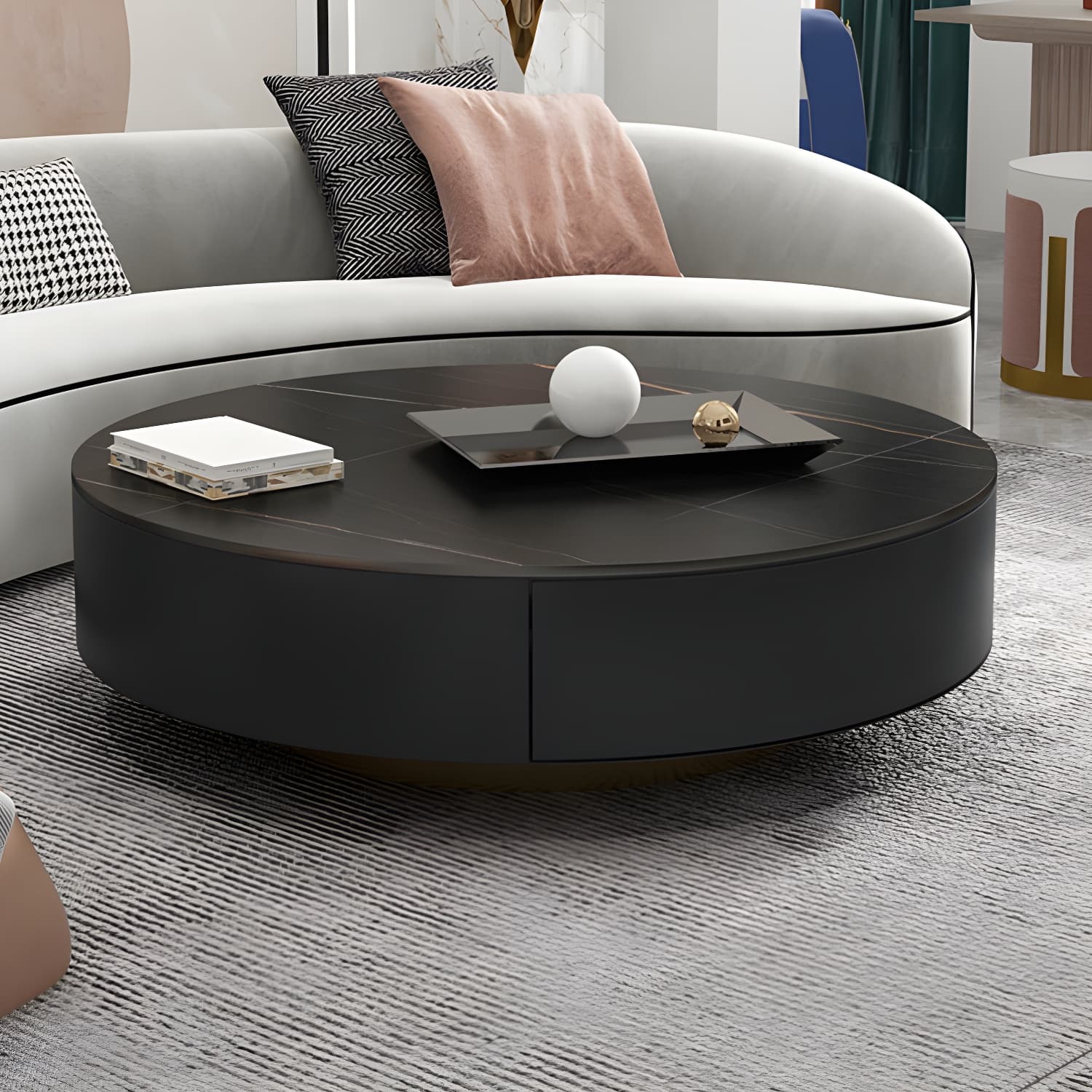 Elegant Gold Metal Drum Coffee Table with Stone Top and Storage Drawers - image 9