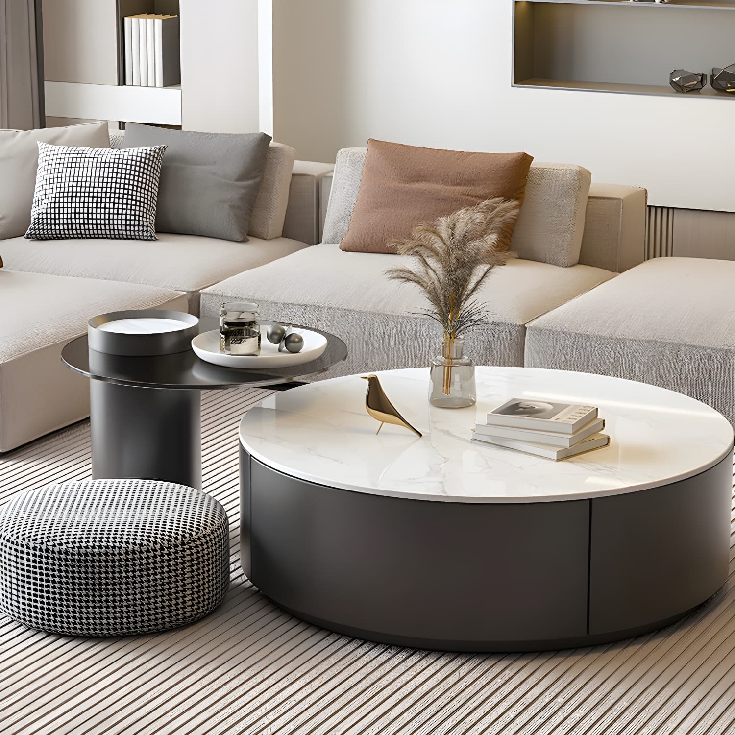 Stone Top Coffee Cocktail Table with Drawer Drum Contemporary Round