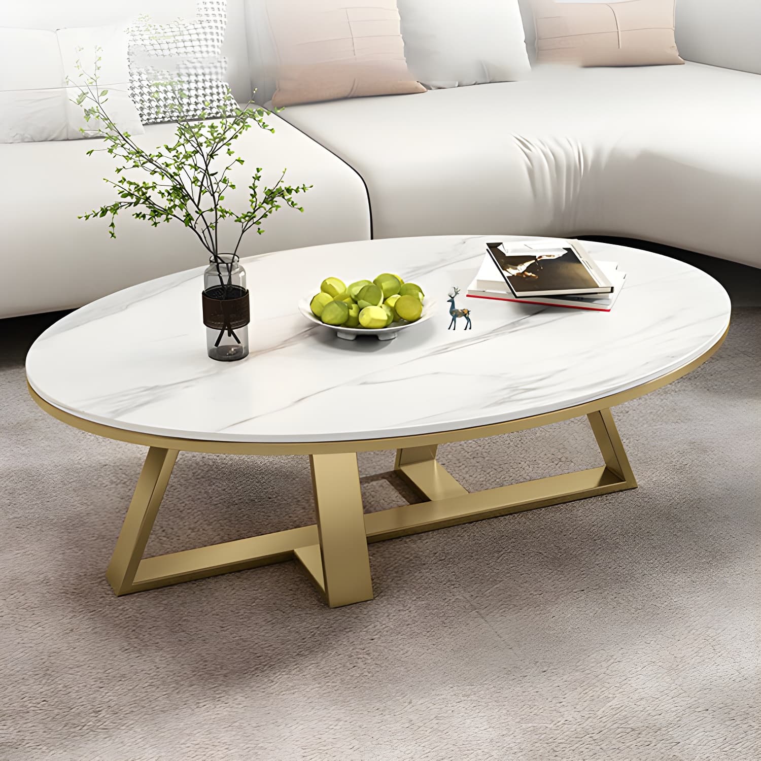 Metal Cross Legs Cocktail Table Luxurious Oval Stone Top Coffee Table - image 11