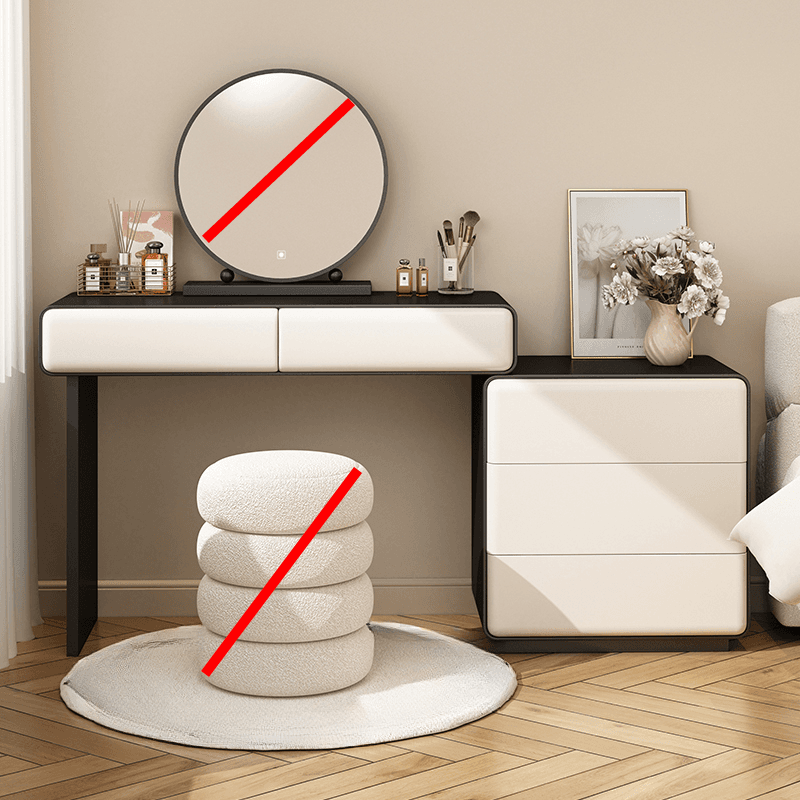 Simplistic Large Vanity Set with Lumber Table Top, Cream Seat, 5 Drawers, and Mirror Lights