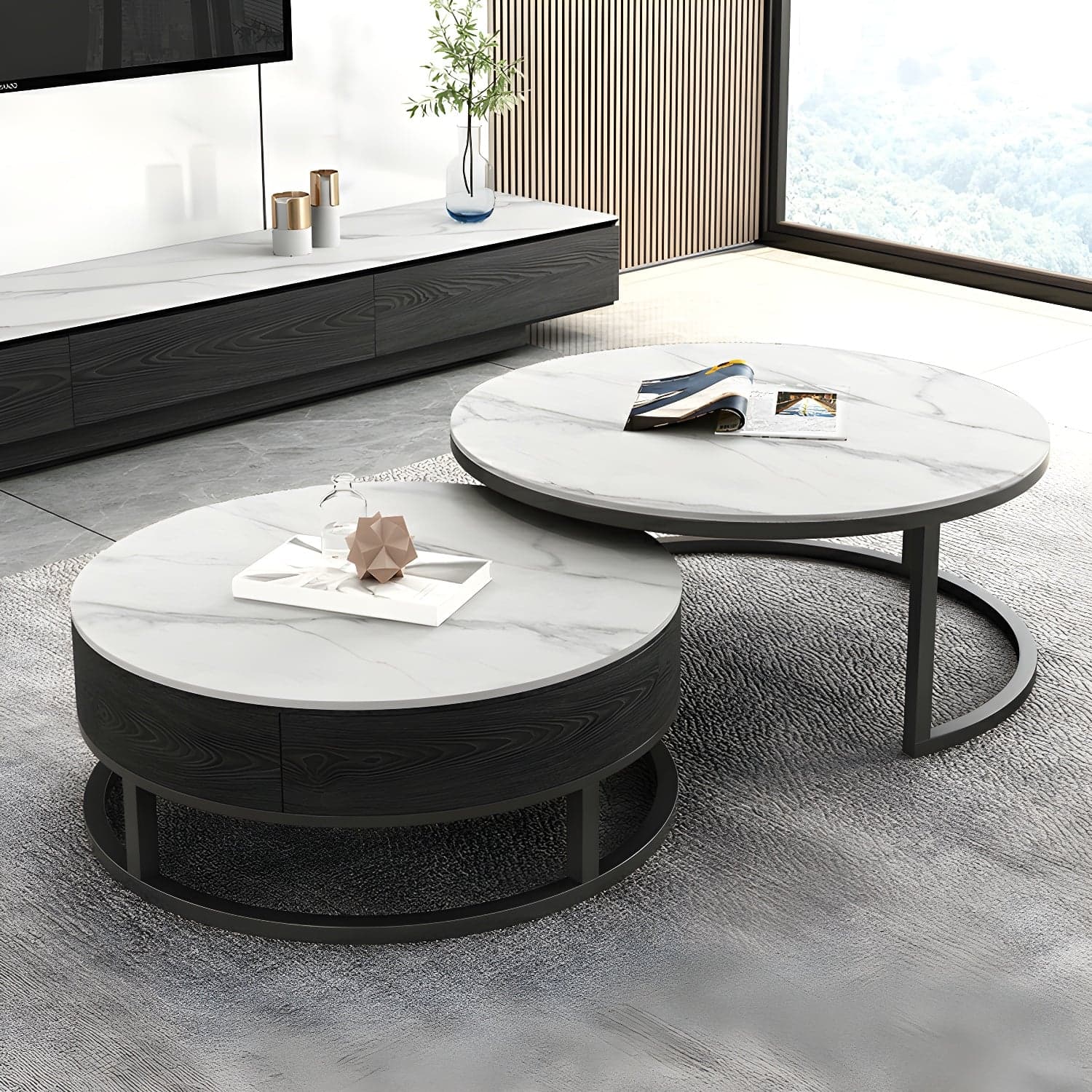 Set of 2 Round Stone Top Modern Nesting Tables with Black Metal Frames and Drawers Included - image 4