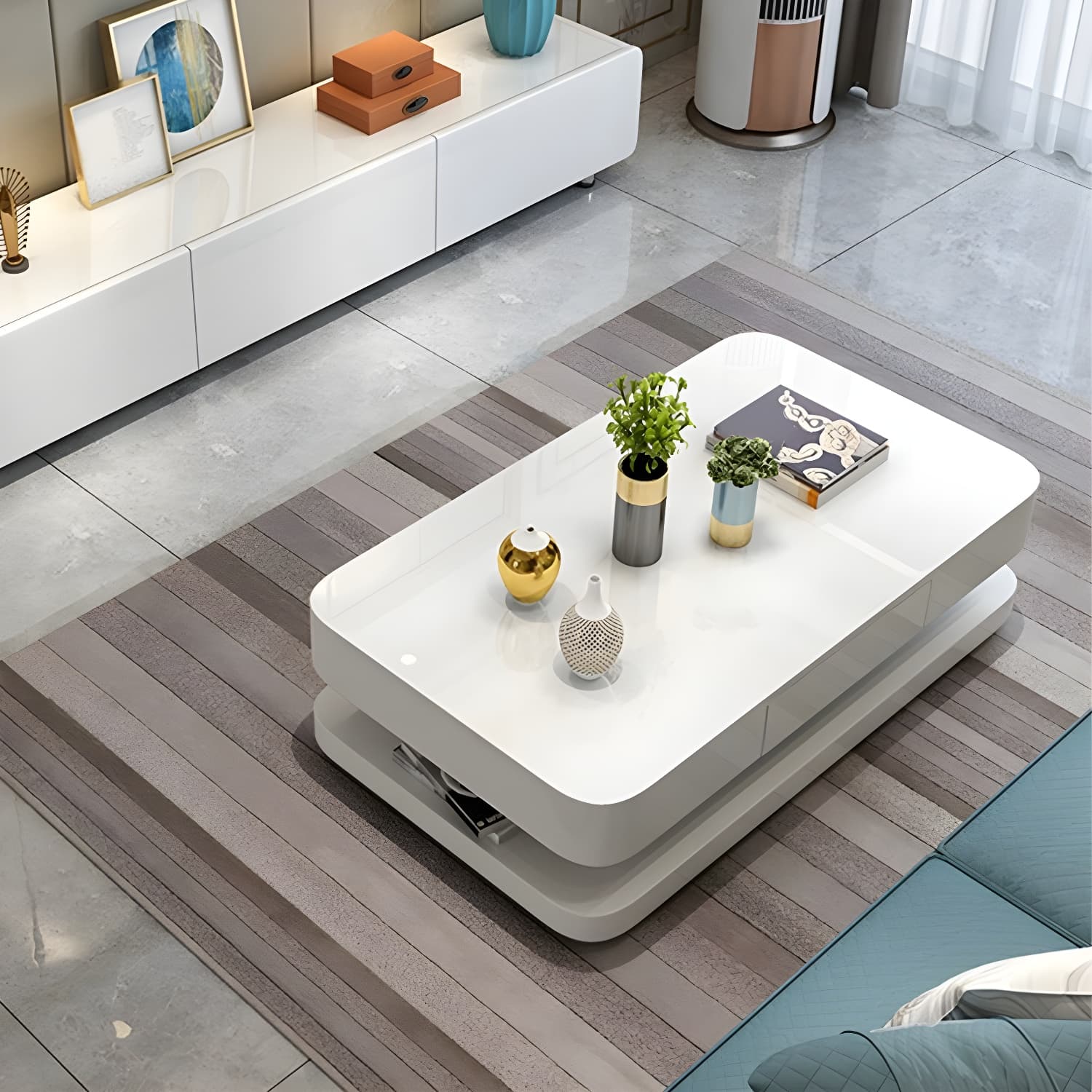 White Modern Coffee Table with Rectangular Wood Top & Block Base
