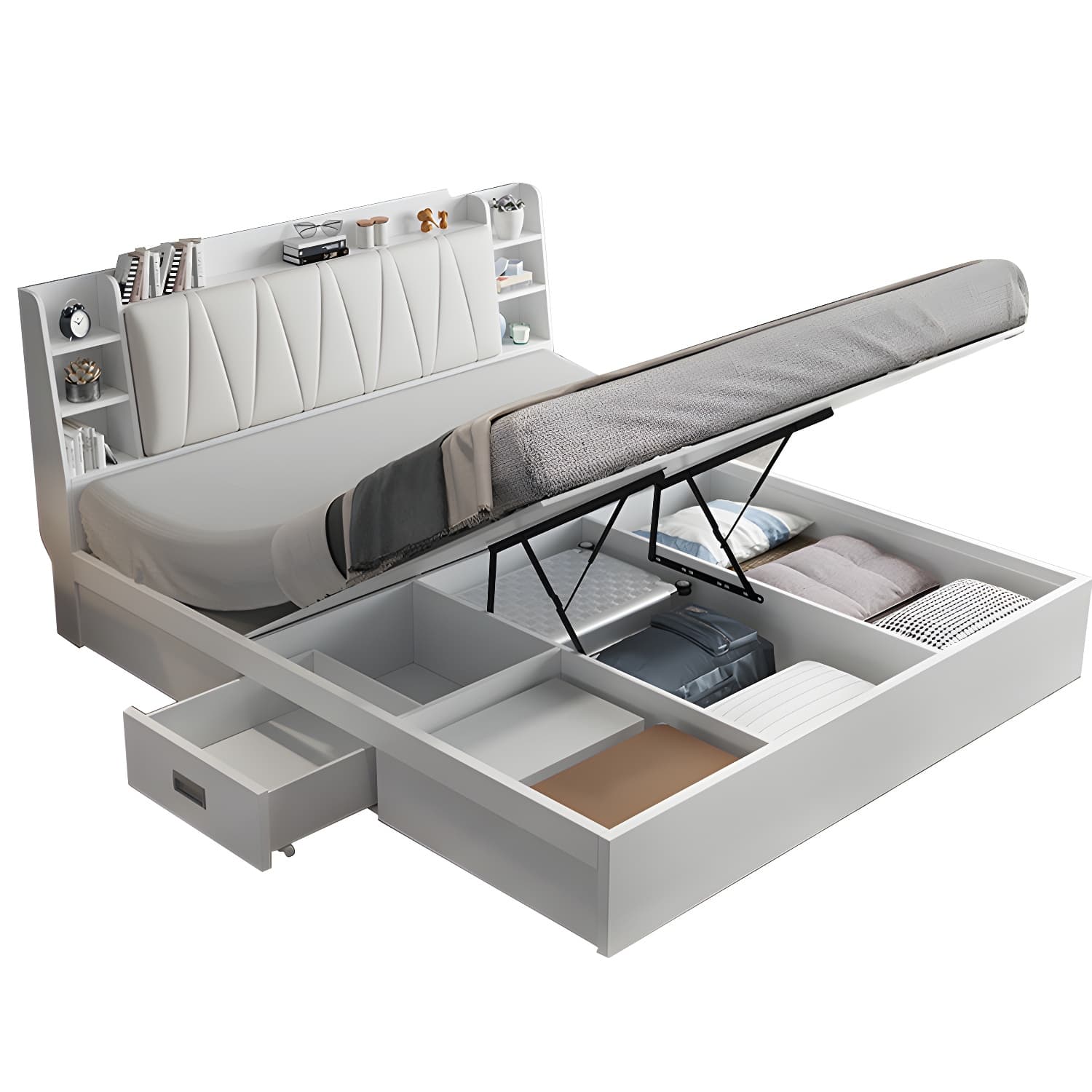 Modern Wood Panel Bed with Upholstered Headboard and Built-In Drawers - image 7