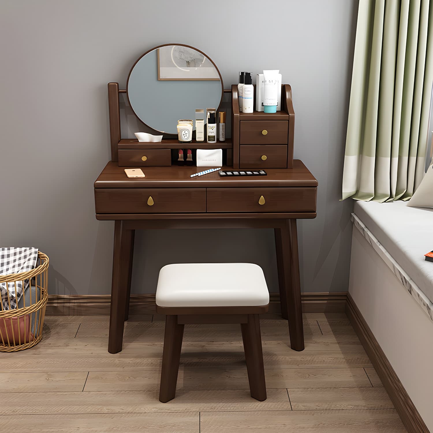 Scandinavian Solid Wood Table Makeup Vanity with Mirror and Drawers - image 13