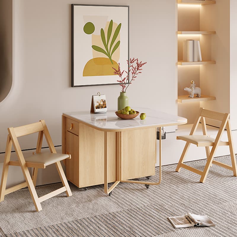 Scandinavian Folding Dining Set in Light Wood with Upholstered Chairs and Extendable Table