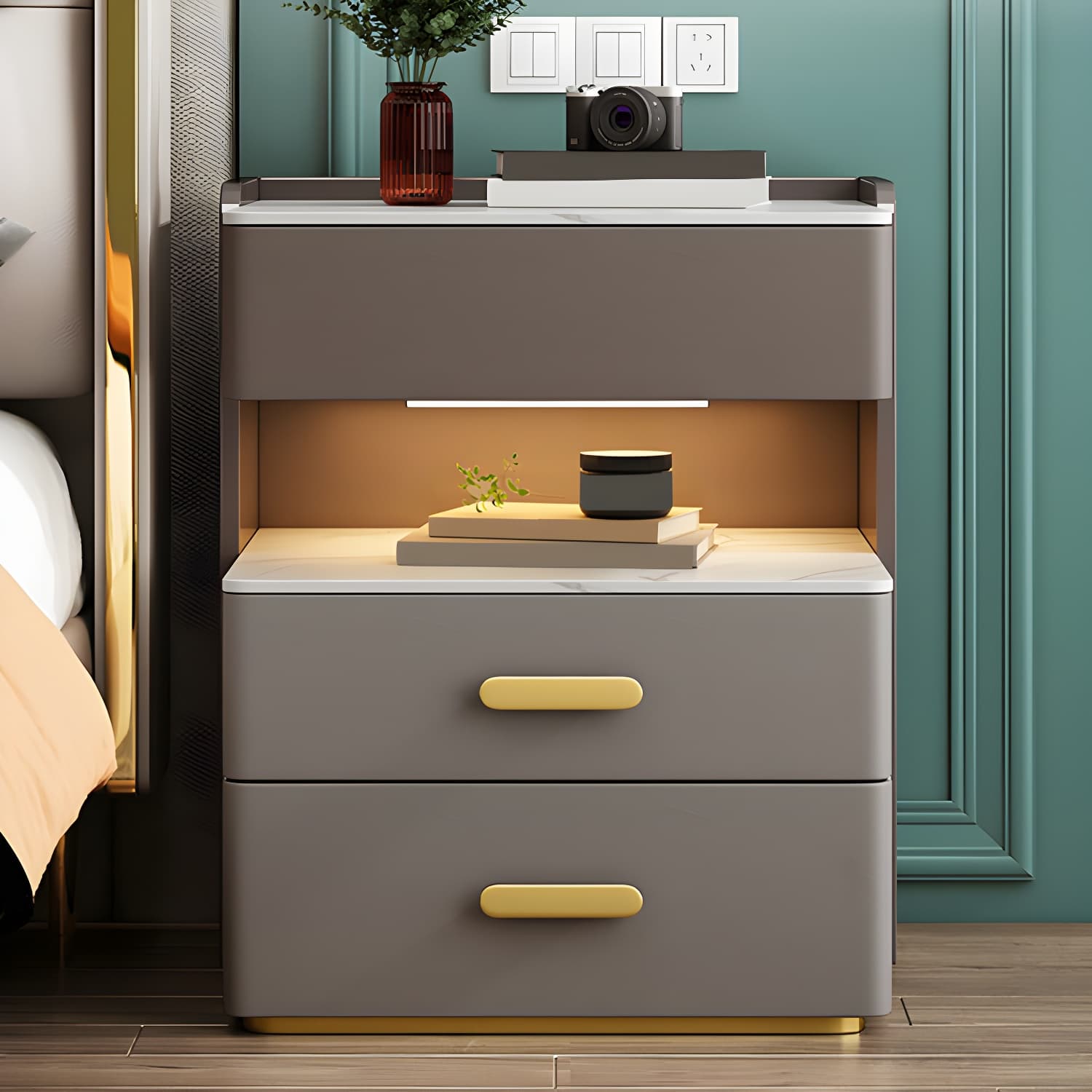 Open Storage Night Table Modern Bed Nightstand with 3 Drawers - image 6
