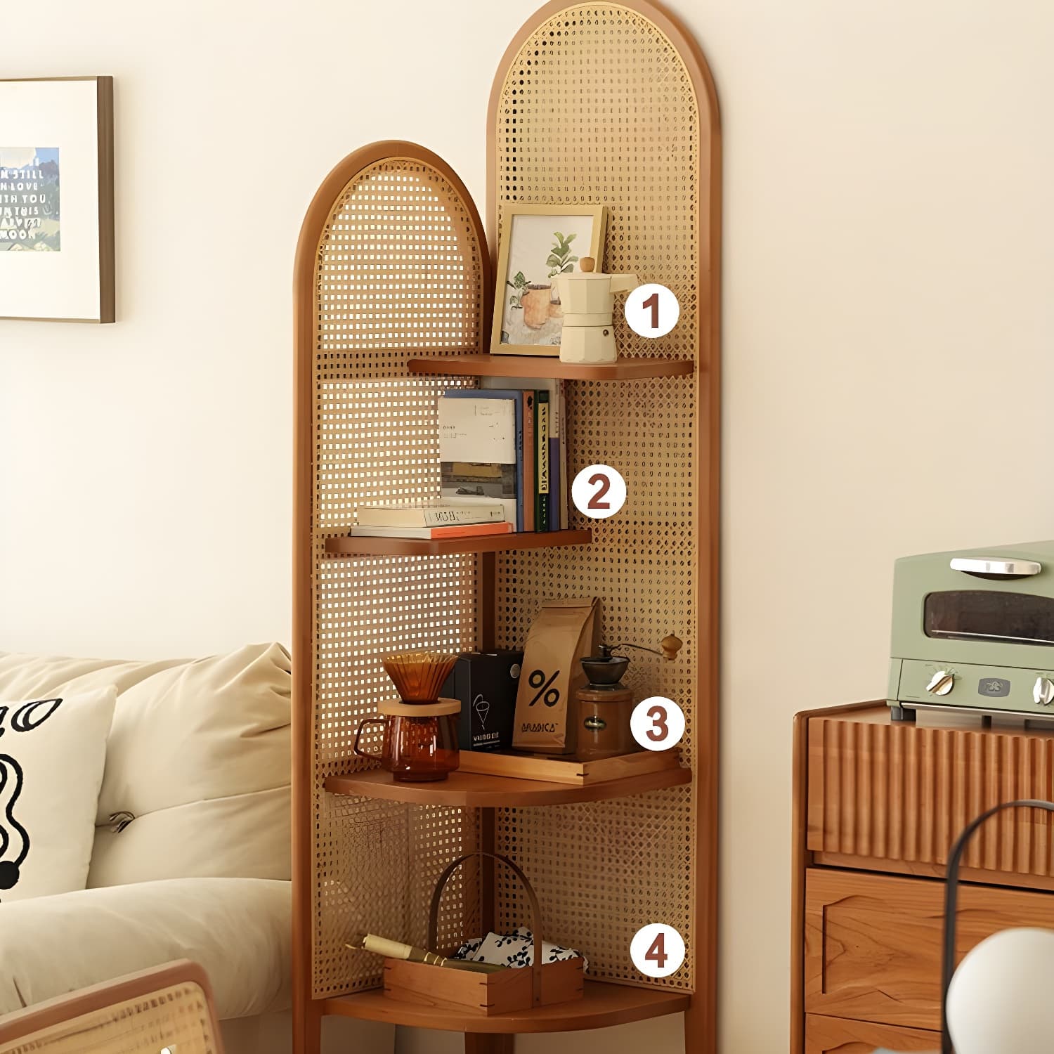 Scandinavian Corner Accent Chest with Natural Wood Counter Top and 4 Open Shelves - image 9