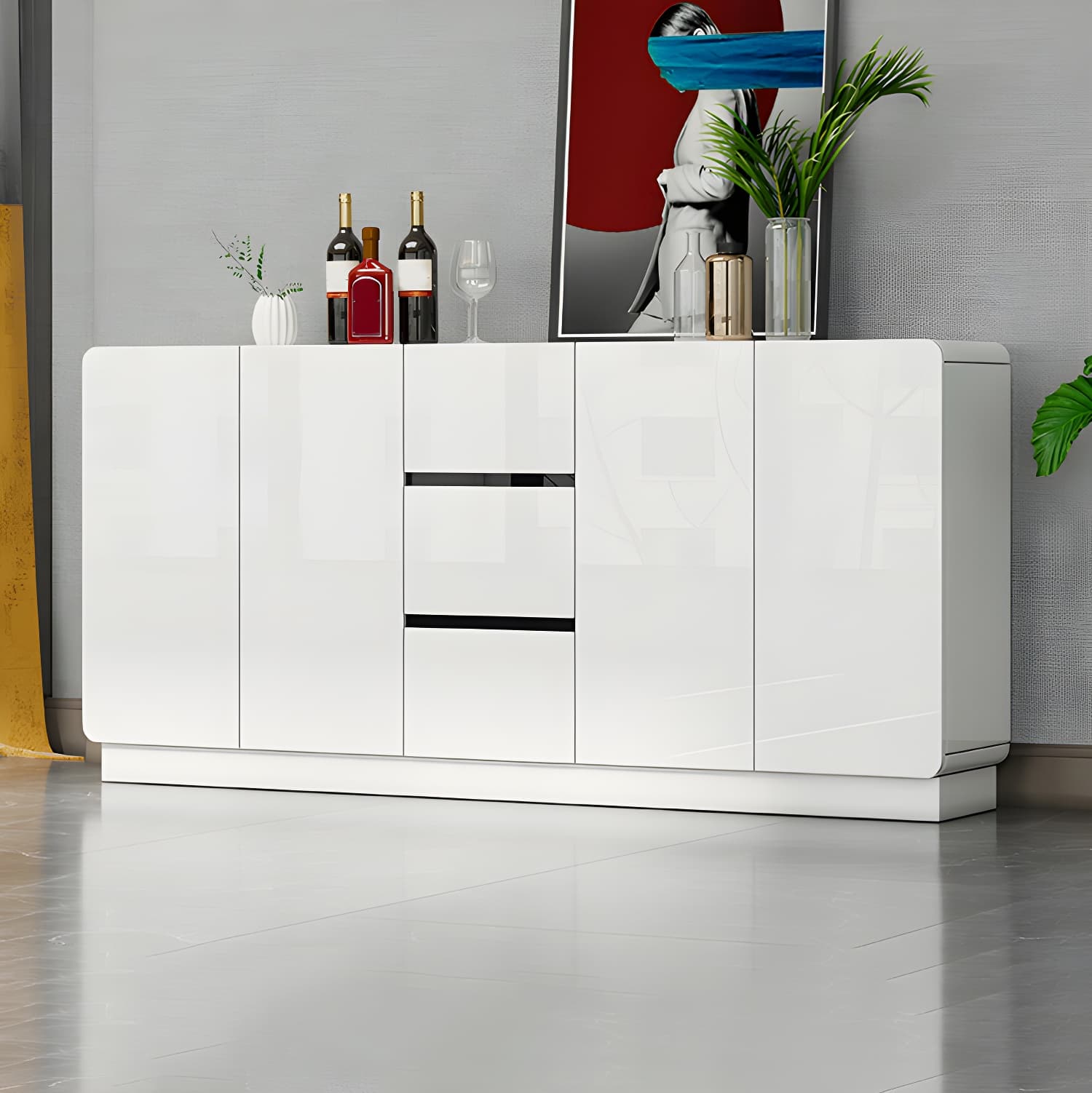 White Modern Sideboard Credenza with Adjustable Shelving and 3 Drawers - image 3