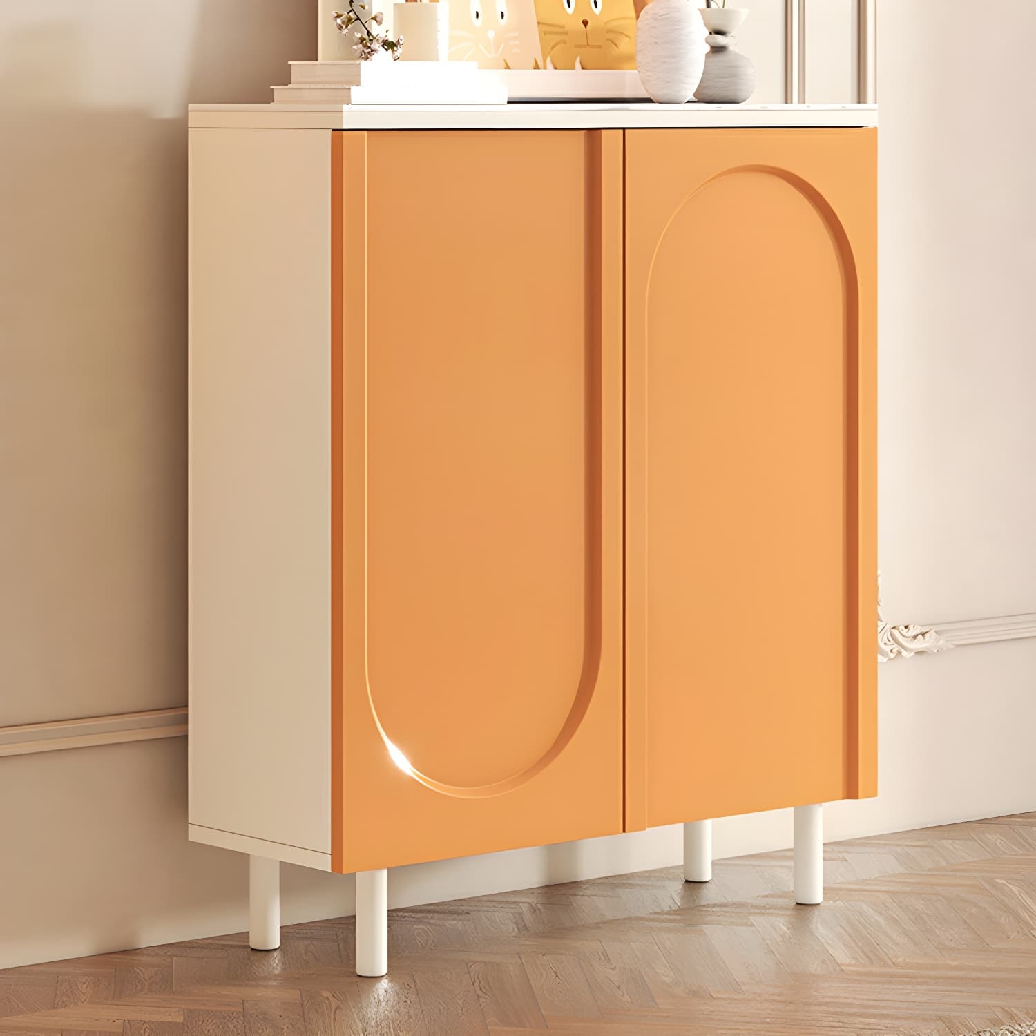 Scandinavian Wood Sideboard Cabinet with Stone Countertop, Adjustable Shelves