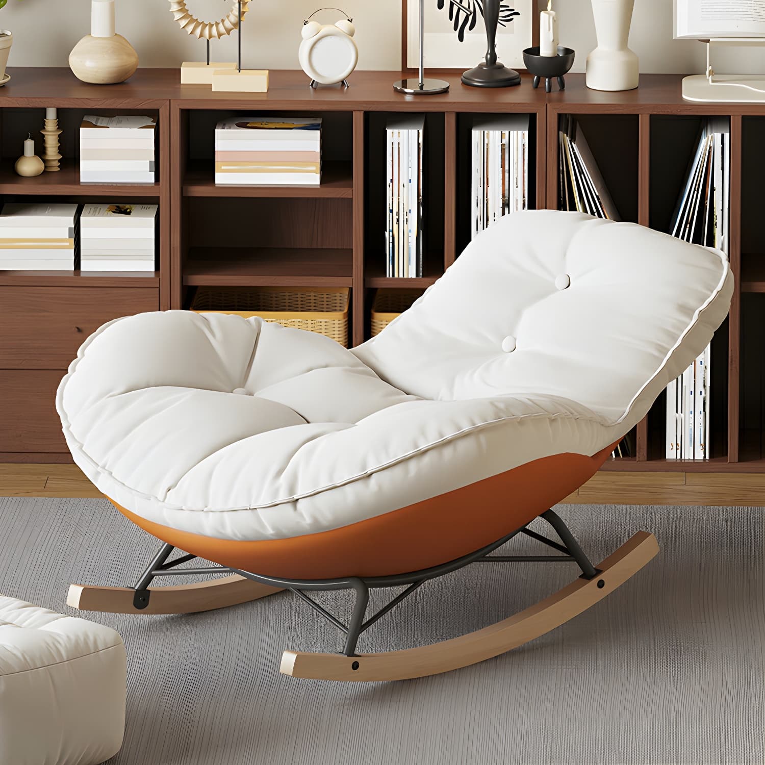 Contemporary Upholstered Rocking Chair with White Tufted Flannel Cushion and Solid Wood Legs - image 7