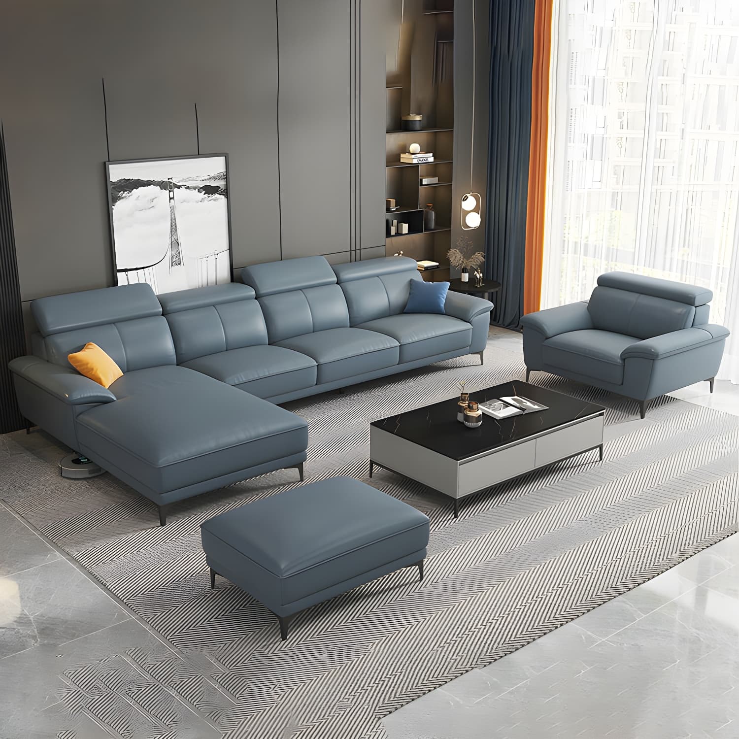 Modern Genuine Leather Sectional Sofa with Pillow Top Arms and Black Legs - image 3