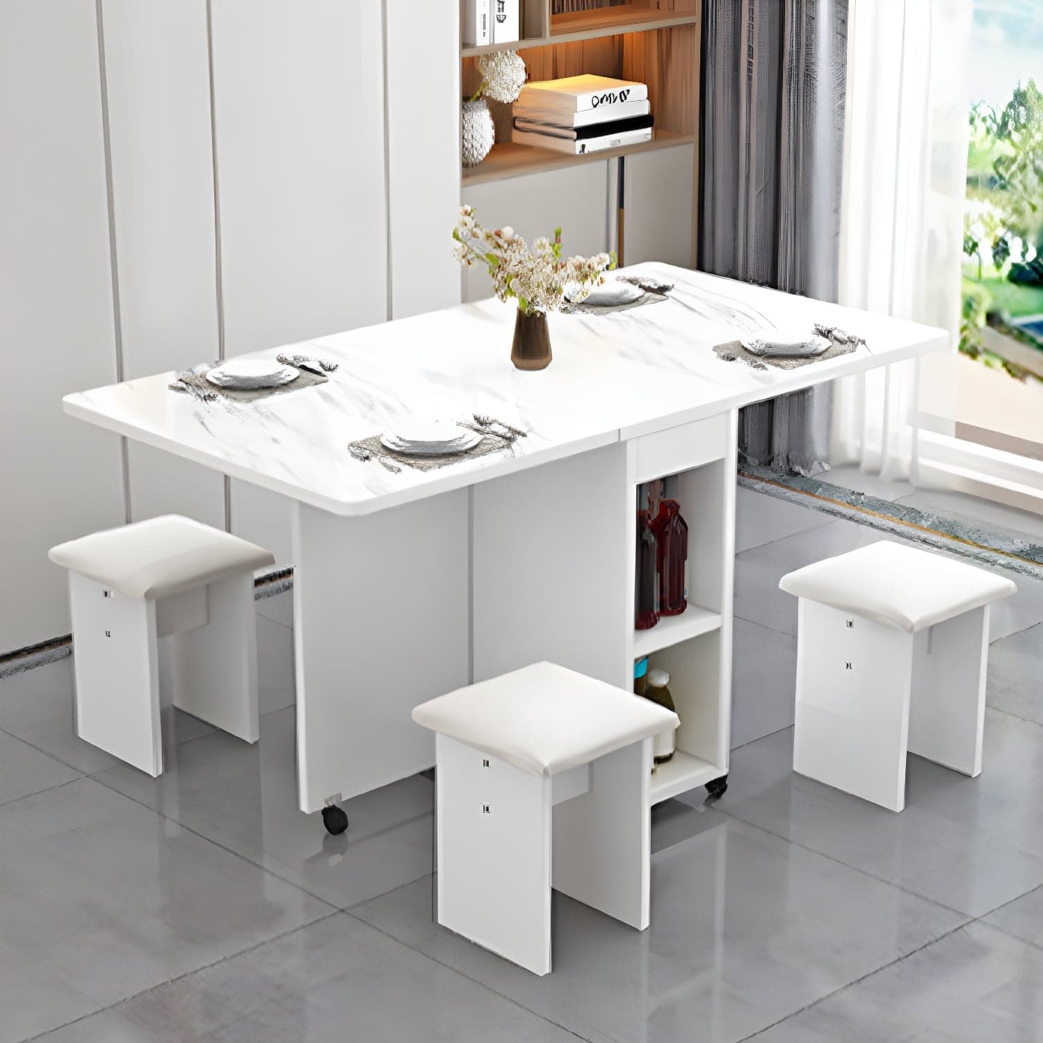 5-Piece Modern Wood Dining Set with Rectangle Table and White Backless Stools - image 6