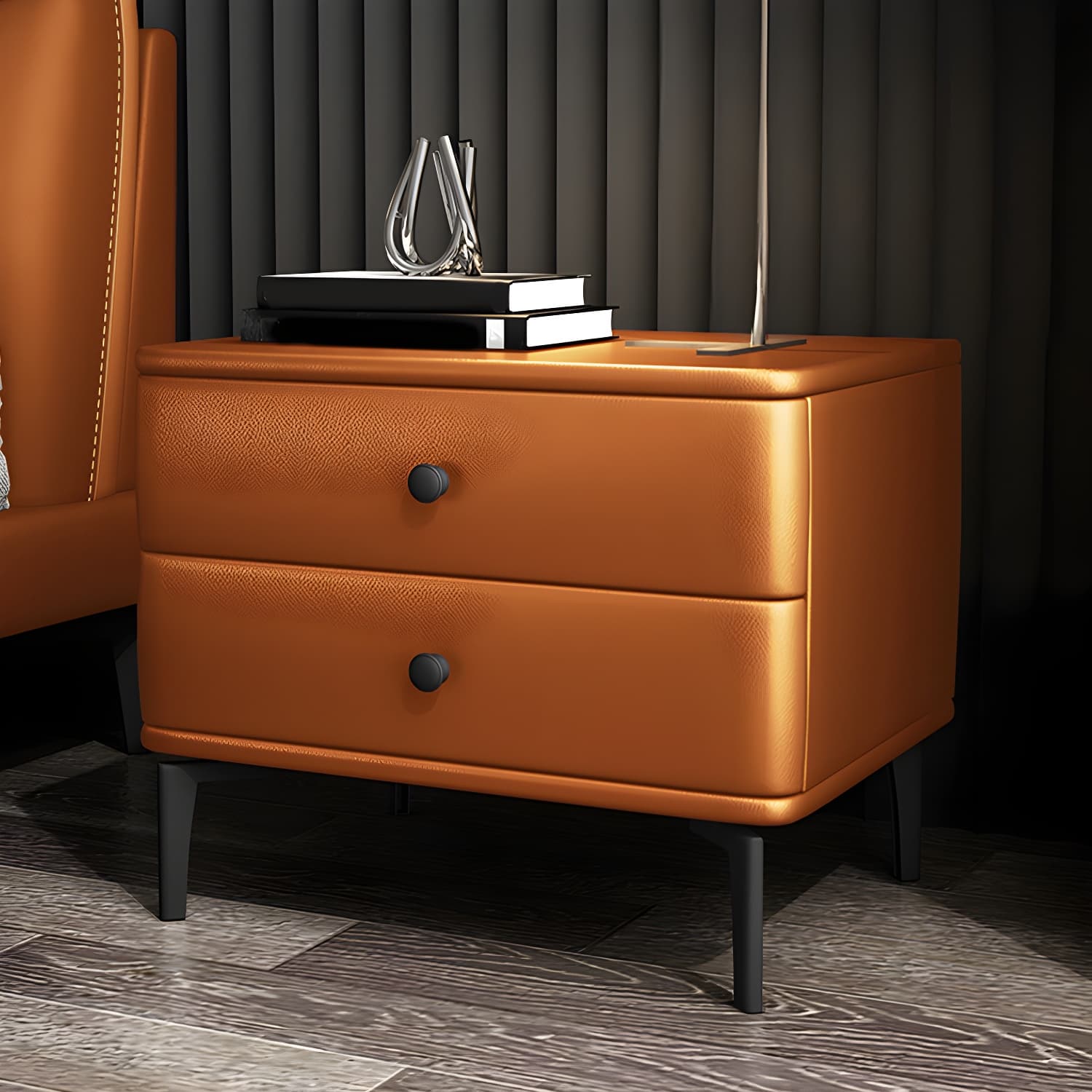 Pine Frame Two Drawers Leather Multicolor Choice of Black Table Foot Nightstand - image 12