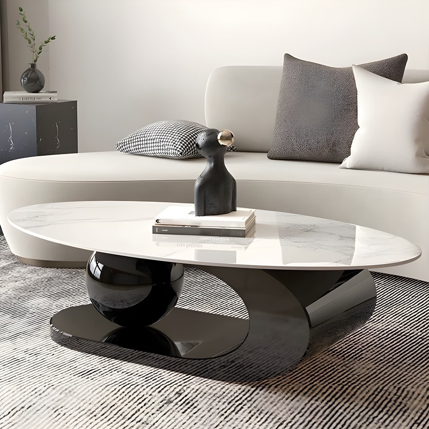 Glam Stone Coffee Table - Beige Oval Shape with Abstract Stainless Steel Base and Scratch Resistant