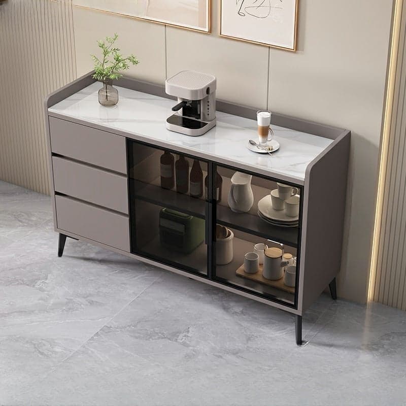 Stone Top Modern Wood Sideboard Credenza with 3 Drawers and Glass Doors - image 4