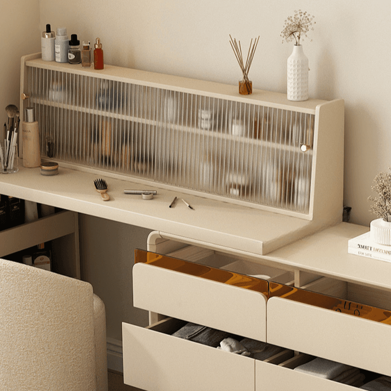 Simplistic Large Vanity Set with Lumber Table Top, White Seat, and Scalable Design Featuring 6/3/9 Drawers - image 4