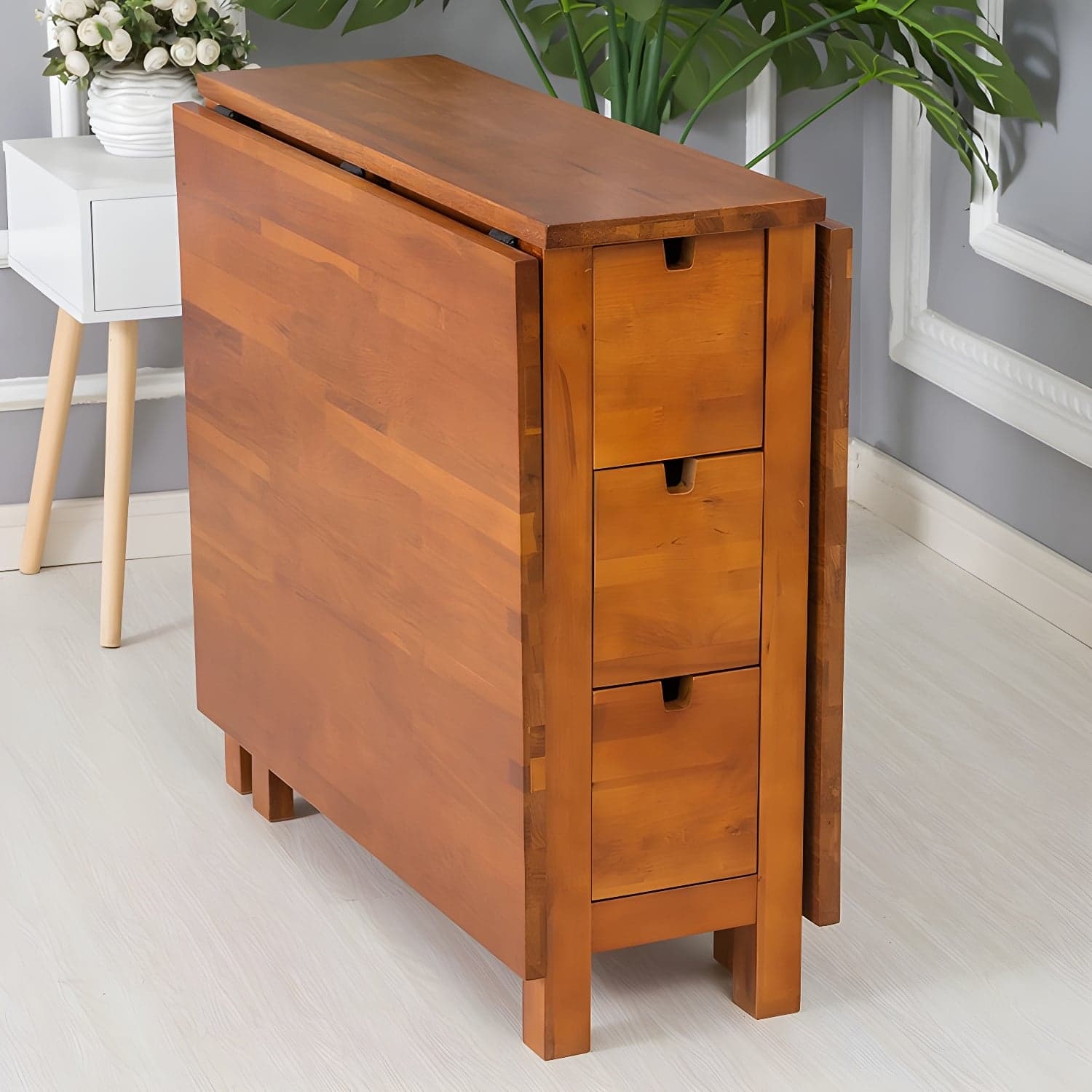 Modern Birch Wood Drop Leaf Rectangle Kitchen & Dining Table with Pedestal Base and Storage Included - image 3
