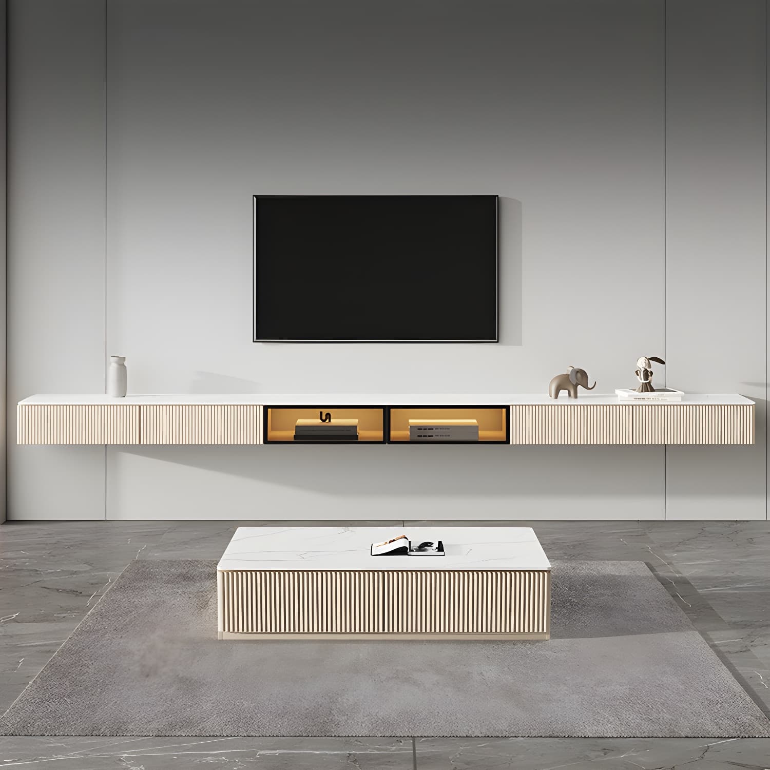 Glam Wall-mounted TV Media Stand Slate Top Wood Frame with Storage - image 3