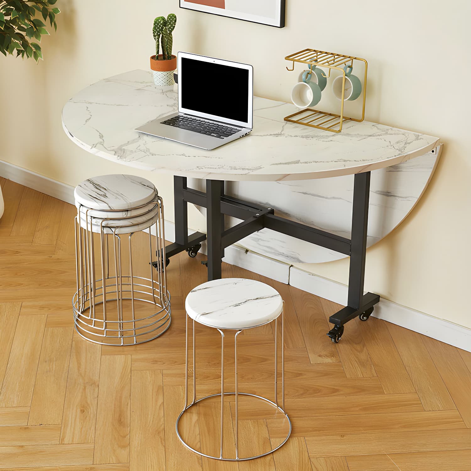 Modern Foldable Manufactured Wood Round Top Dining Table with Movable Steel Black Trestle - image 5