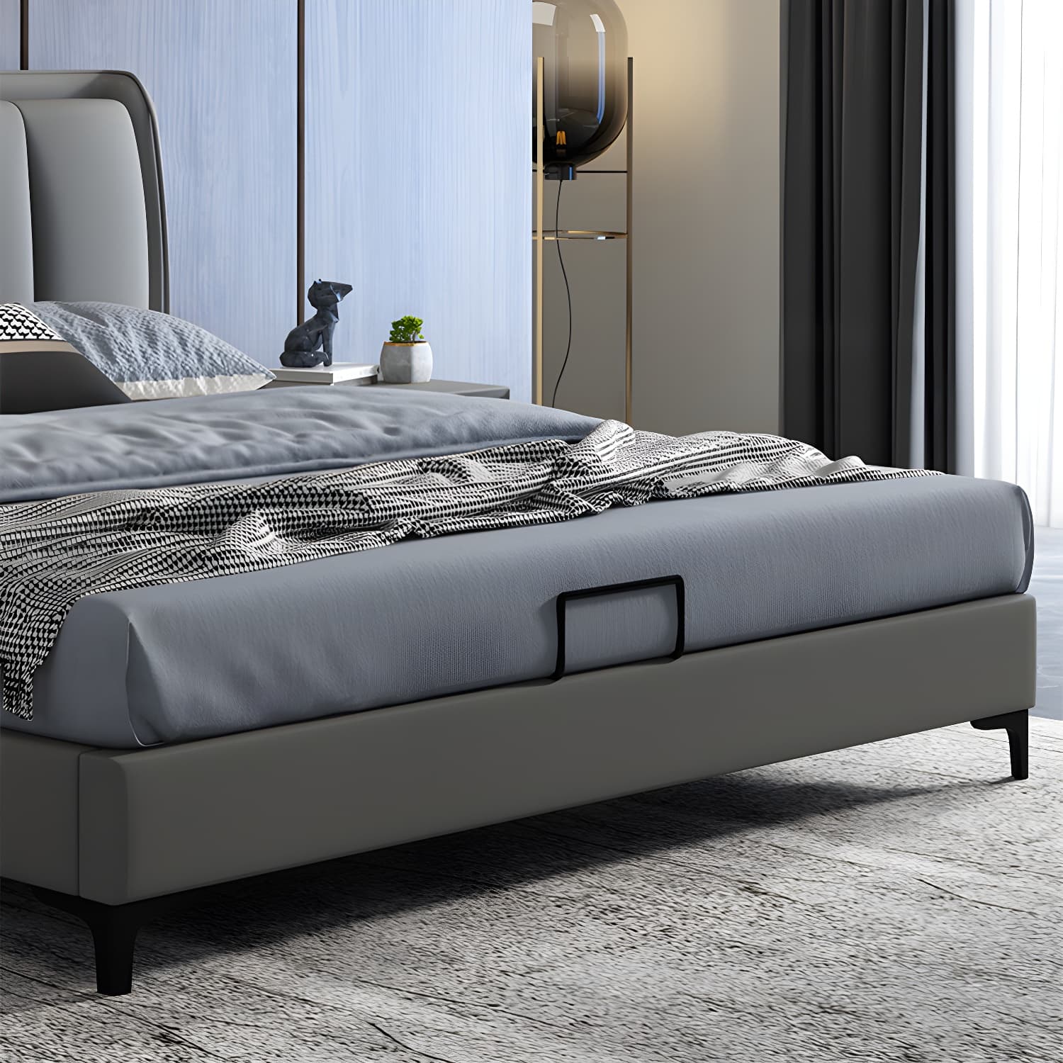 Grey Rectangular Headboard Standard Bed with Wooden Legs Bed - image 7
