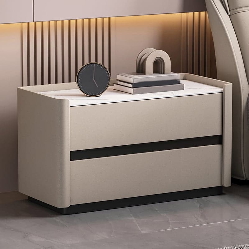 Modern Faux Leather Nightstand with 2 Drawers in Stone Countertop - image 5