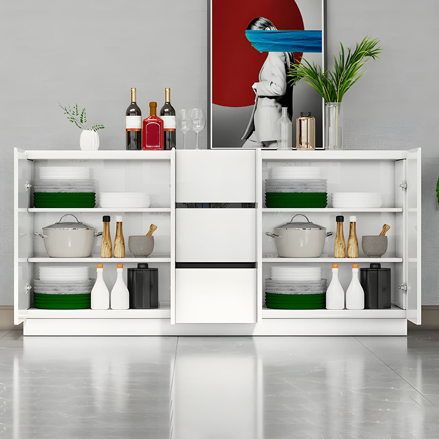 White Modern Sideboard Credenza with Adjustable Shelving and 3 Drawers - image 9