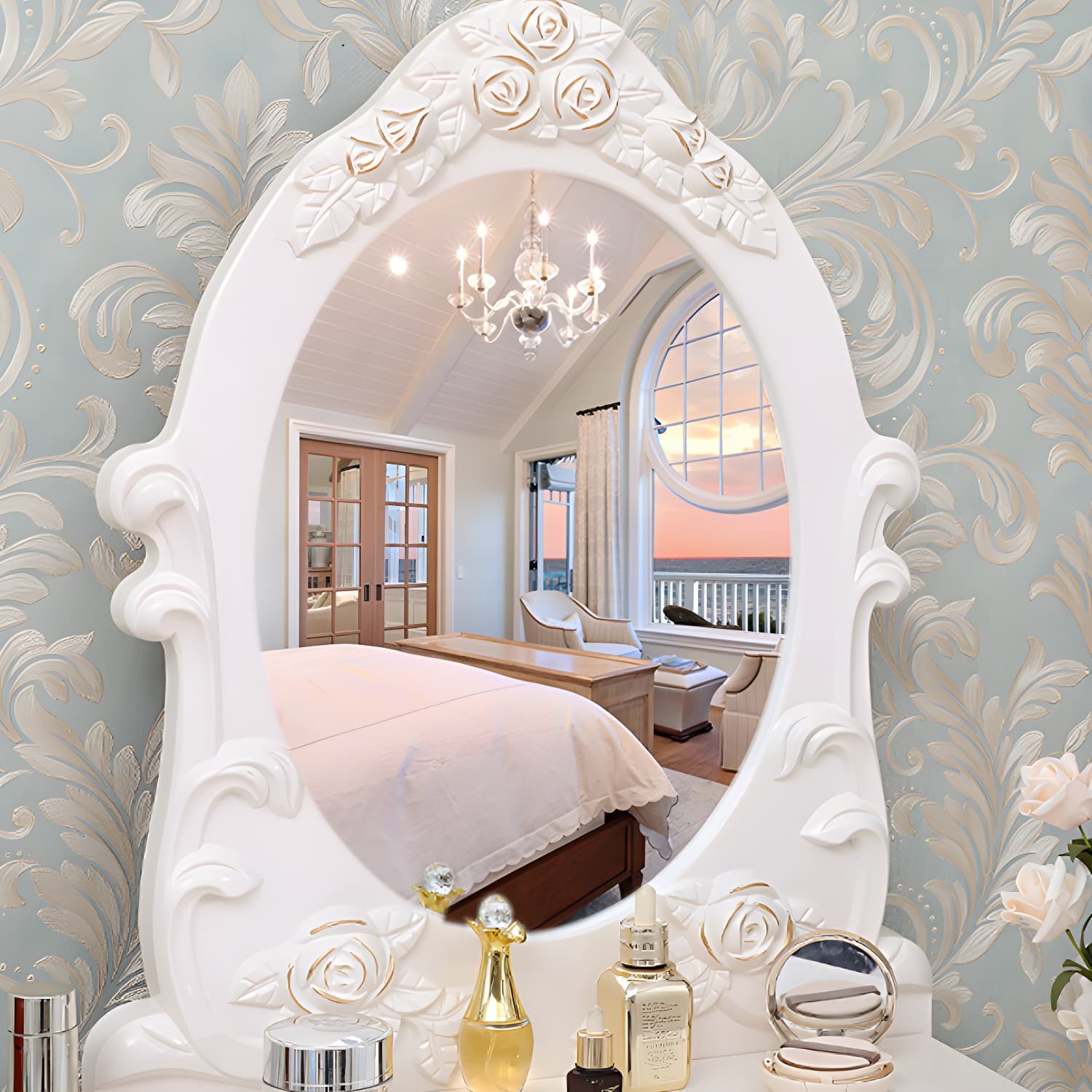 Victorian Bedroom With Drawer Mirror Solid Wood Makeup Vanity Set - image 9