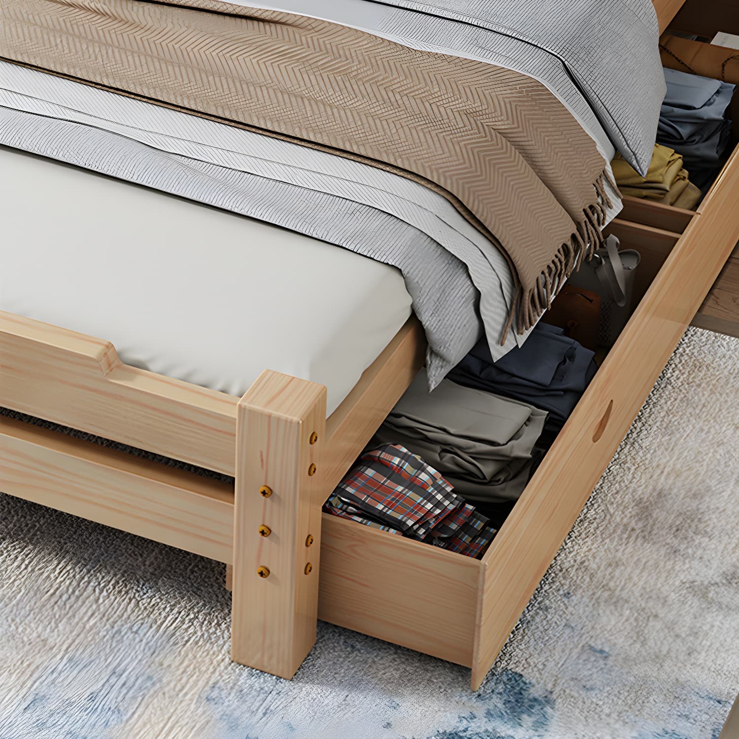 Pine Wood Bed in Light Brone Scandinavian Bed with Headboard - image 6