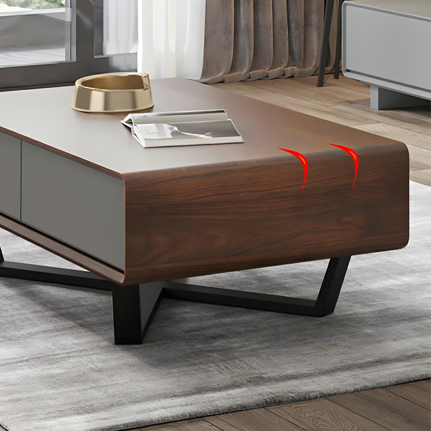 Rectangular Wood Modern Coffee Table with Black Metal Cross Legs and Storage Drawers - image 13