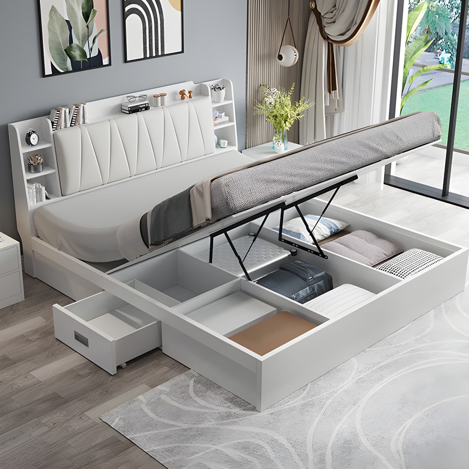 Modern Wood Panel Bed with Upholstered Headboard and Built-In Drawers - image 10