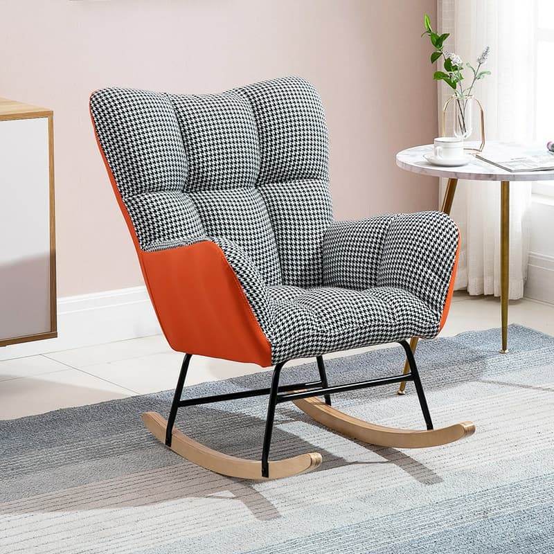 Cotton Cushioned Seat & Back Stationary Rocking Reading Chair with Flared Arm, Footstool, Wing Back & Light Wood Legs - image 9