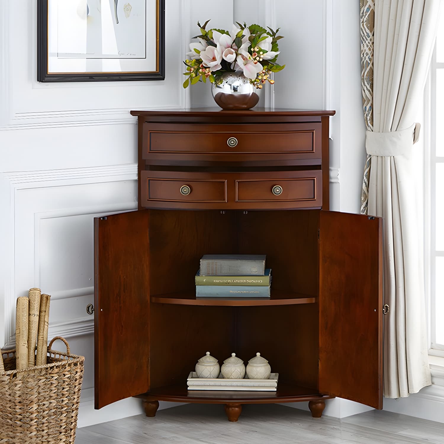 Mid-Century Modern Home Paned Cabinet Solid Wood Corner Side Cabinet - image 6