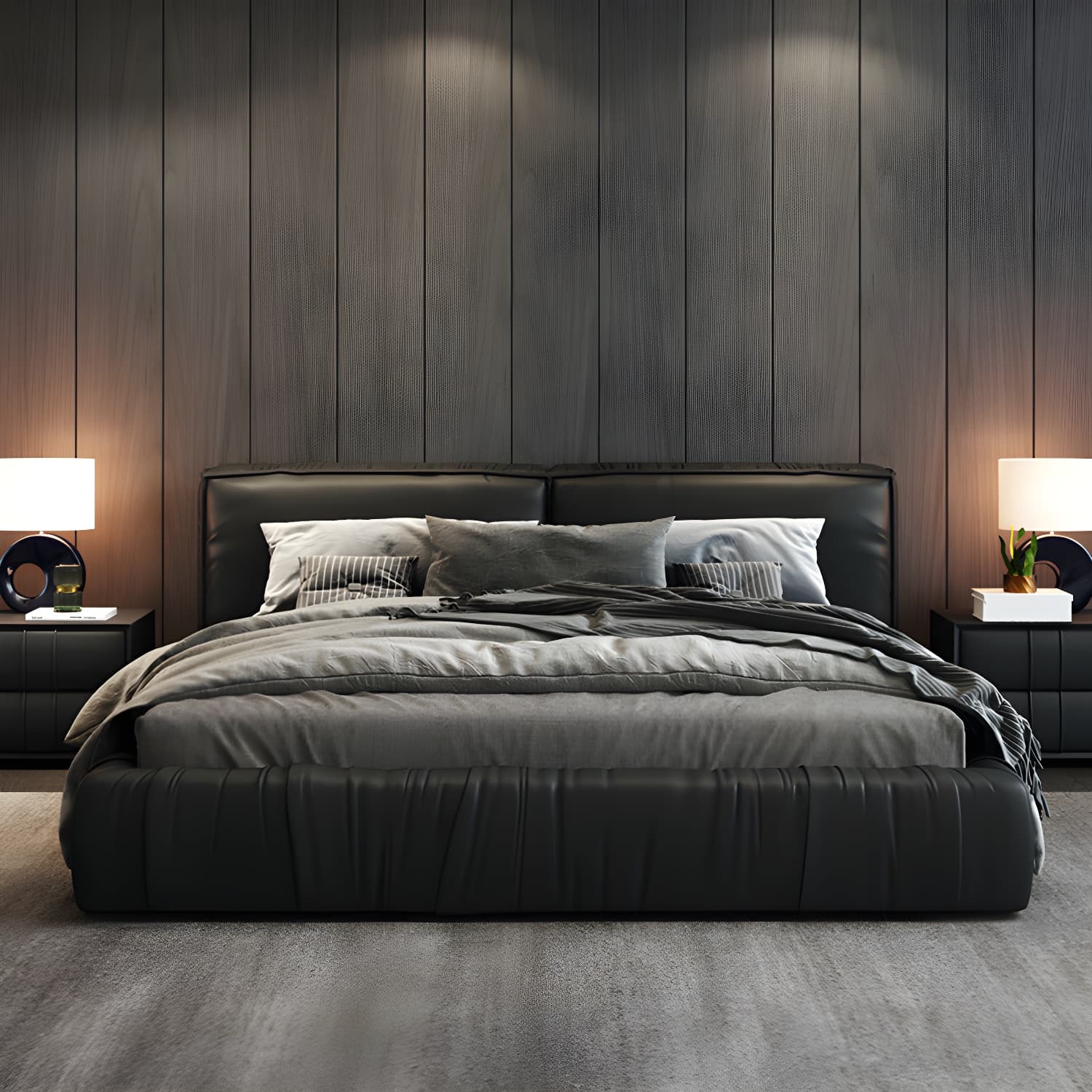 Modern Style Upholstered Solid Wood Headboard Black Leather Bed