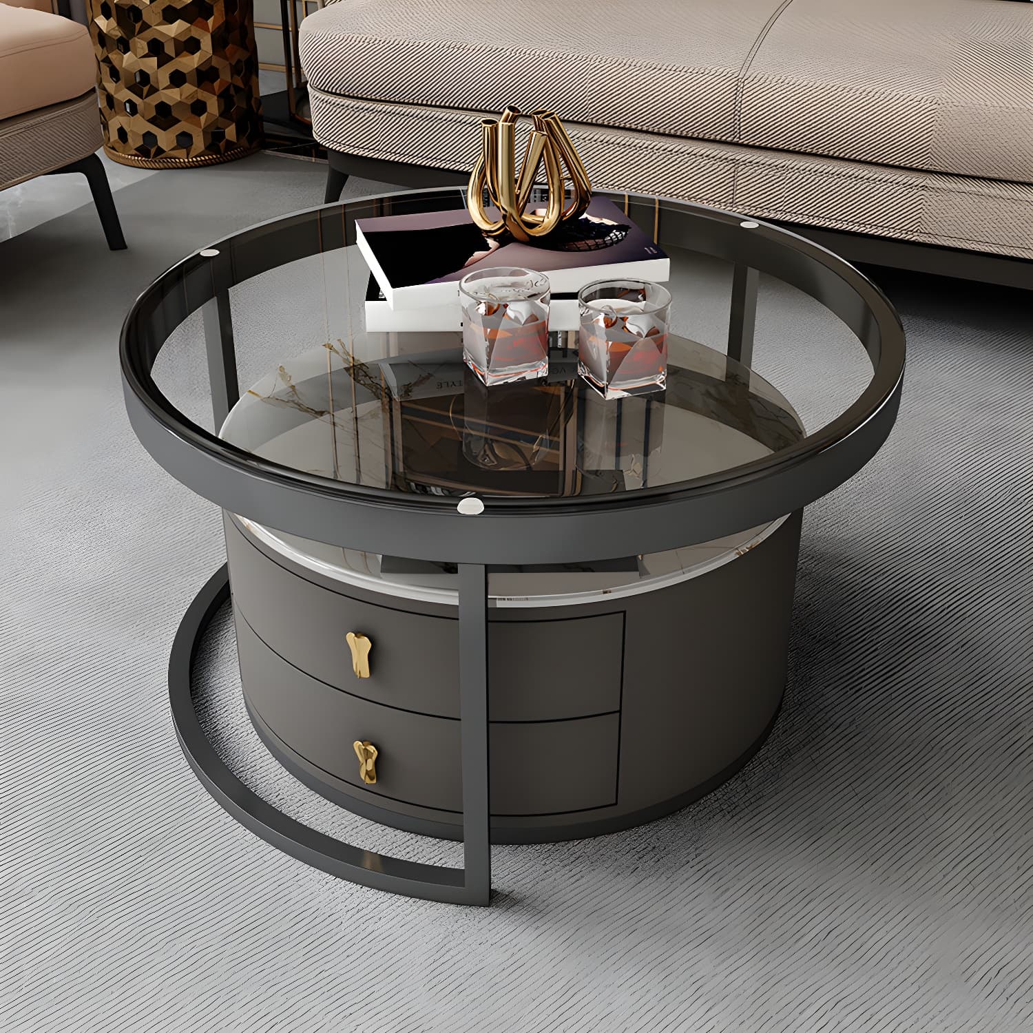 Modern Coffee Cocktail Table Round Nesting Coffee Table Set with Drawer - image 10