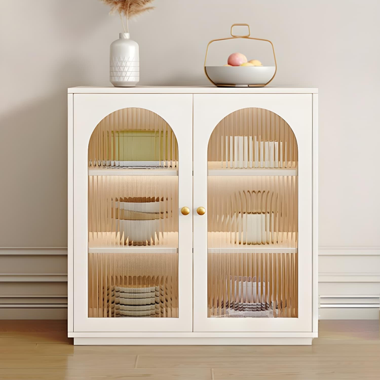 Glam White Wood Sideboard Credenza with Glass Doors and Adjustable Shelves - image 13