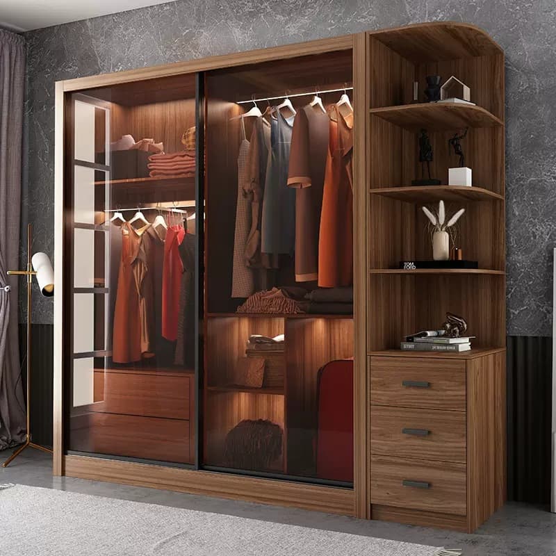 Simple Unfinished Color Wooden Wardrobe Armoire with Hanging Rod, Interior Shelves, Soft Close Drawer & Soft Close Door
